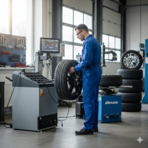 Técnico realizando montaje y balanceo de llantas en taller automotriz con máquina balanceadora moderna