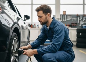 Técnico revisando la presión de una llanta con manómetro en un taller automotriz